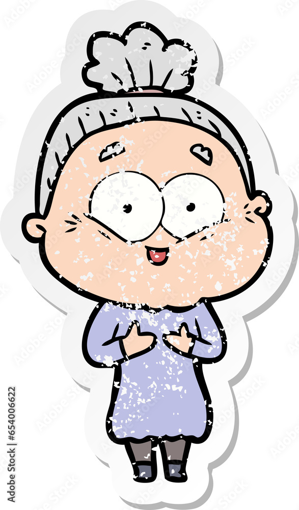 distressed sticker of a cartoon happy old woman distressed sticker of a cartoon happy old woman