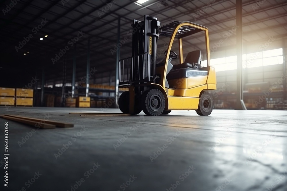 Forklift handling goods in warehouse storage, logistics concept. Generative AI
