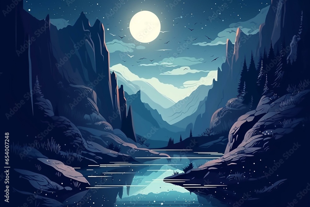 Illustration of a nighttime river in a mountain canyon. Generative AI