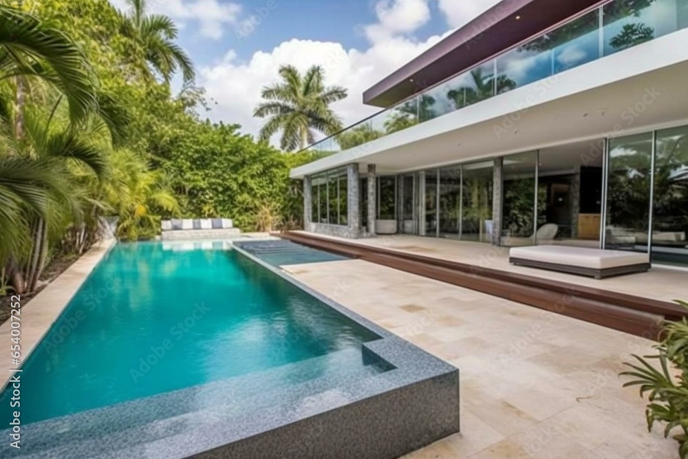 Contemporary home w/ pool & parking available for sale or rent in opulent style. Generative AI