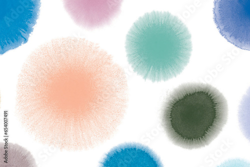 Watercolor or ink round circles paint splash background for banner ads or presentation. Hand draw abstract wall art painting for print, card, invitation, package, website header or design.
