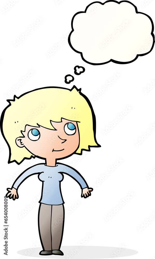 cartoon woman shrugging with thought bubble cartoon woman shrugging with thought bubble