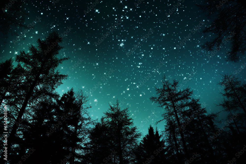 Silhouetted White Trees Against A Starry Green Night Silhouetted White Trees Against A Starry Green Night