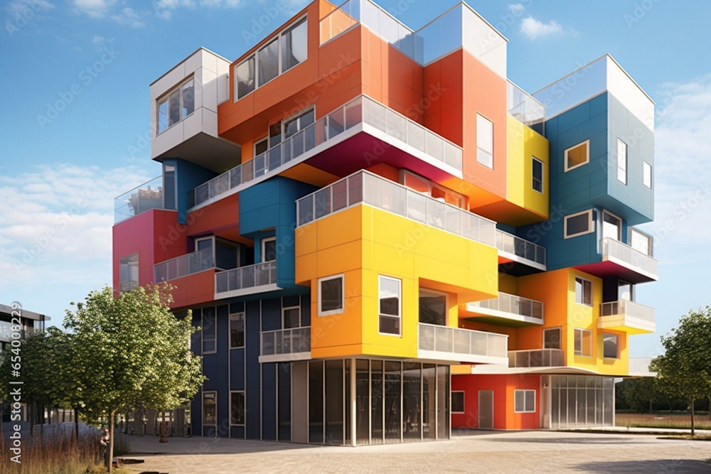 Discover contemporary buildings with lively colors. Generative AI