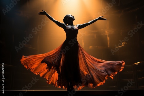 The graceful silhouette of a ballet dancer mid-leap, with the soft spotlight emphasizing their elegant form
