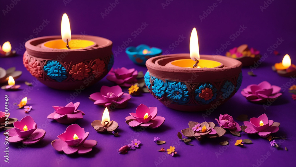 Clay Diya lamps lit during Dipavali Hindu festival of lights celebration. Colorful traditional oil lamp diya background Clay Diya lamps lit during Dipavali Hindu festival of lights celebration. Colorful traditional oil lamp diya background
