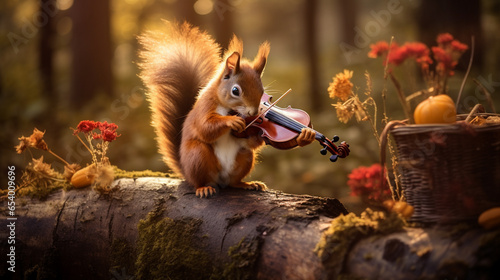 秋の森で切り株の上でバイオリンを弾くリス