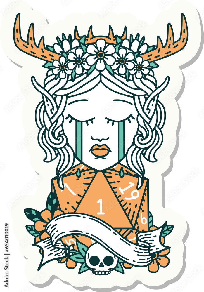 sticker of a crying elf druid character face with natural one D20 dice roll sticker of a crying elf druid character face with natural one D20 dice roll