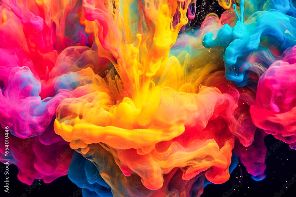 Fototapeta premium The image of colorful inks mixing together in a chemical reaction in liquid. Harmony of vivid colors, creativity, art exploration, design elements