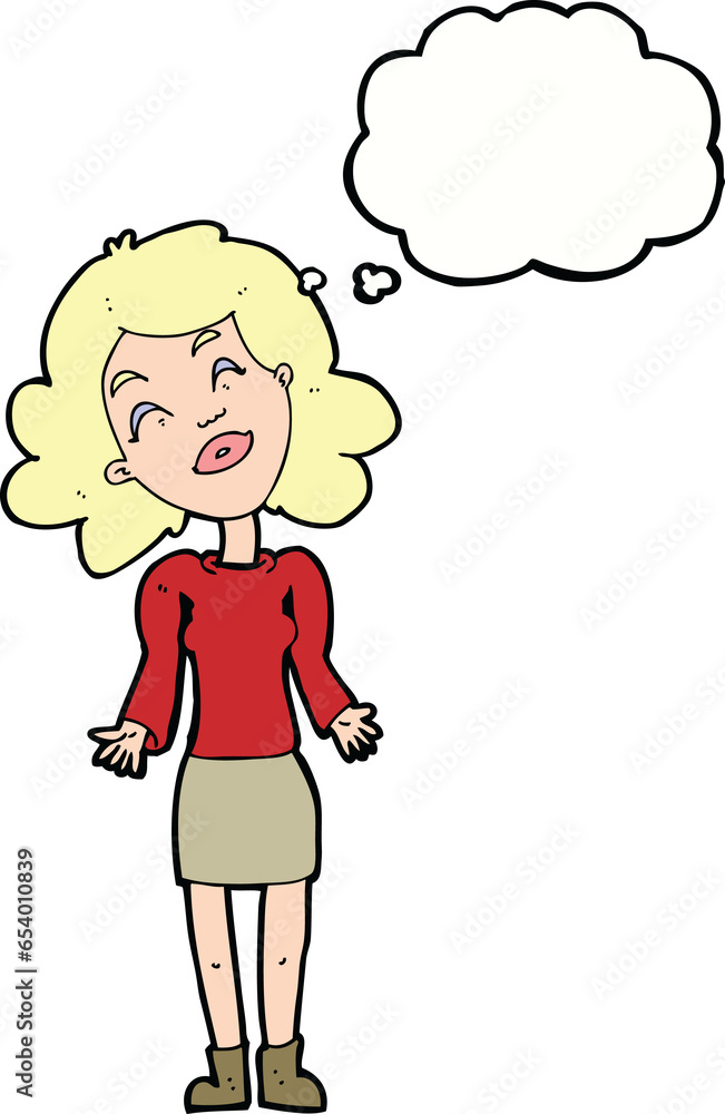 cartoon woman shrugging shoulders with thought bubble cartoon woman shrugging shoulders with thought bubble