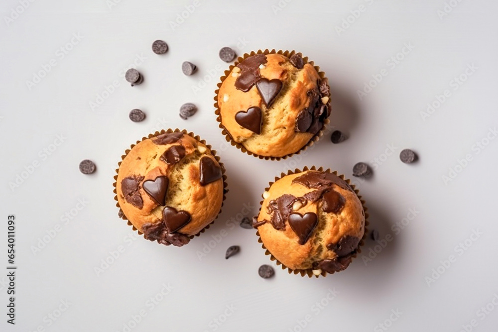 Muffins decorated with heart shape chocolate Valentine day symbol, top view. Generative AI Muffins decorated with heart shape chocolate Valentine day symbol, top view. Generative AI