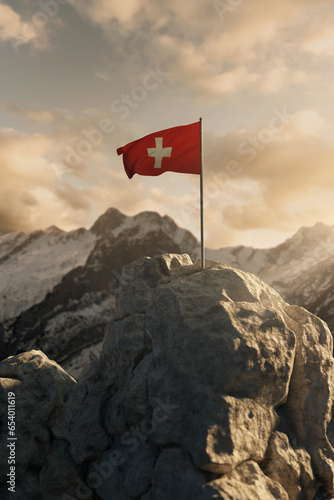 3D rendering of waving Swiss flag on top of the rocks. Concept of celebrating the national holiday of 1 august