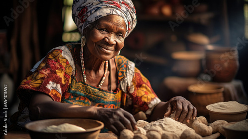 Portrait of an African aged woman in a local kitchen - black woman preparing traditional flatbreads photo