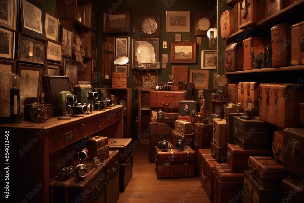An enchanting old-fashioned shop adorned with vintage cameras, antique phones, and travel trunks from a bygone era. Generative AI