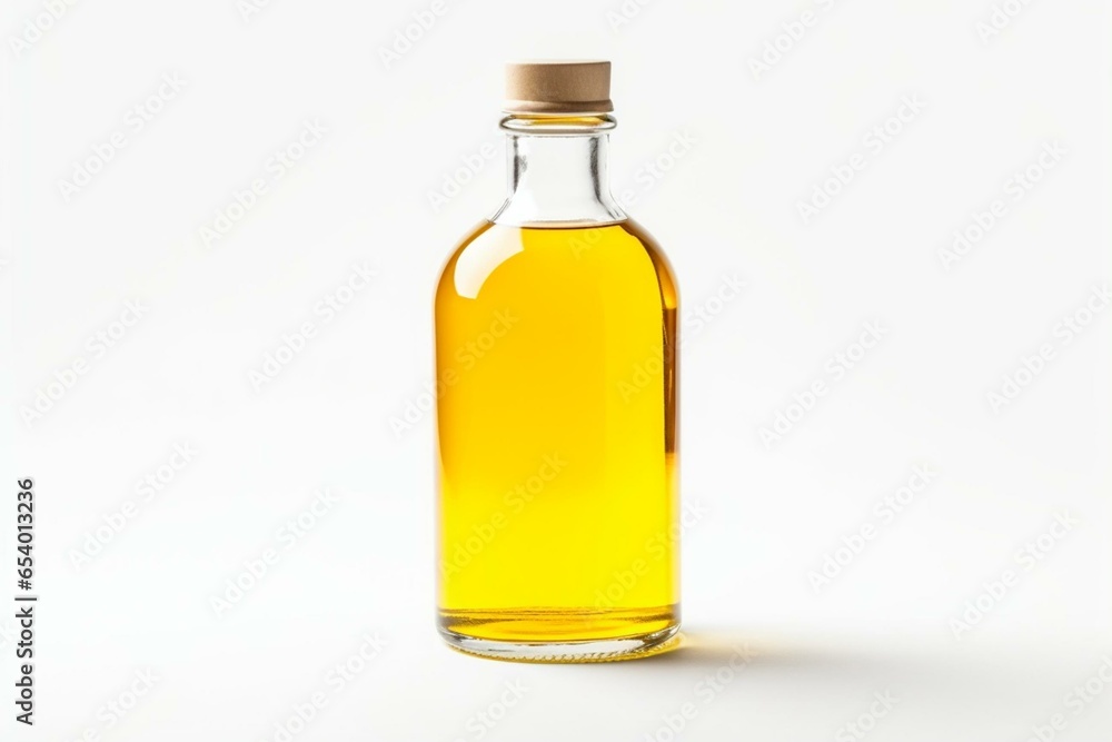 Unlabeled bottle with yellow liquid, isolated on a white background. Generative AI