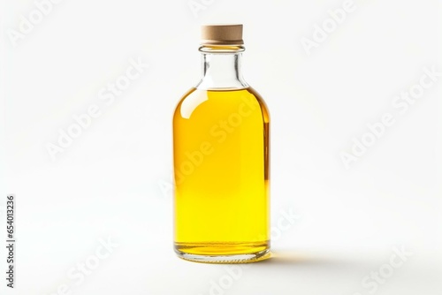 Unlabeled bottle with yellow liquid, isolated on a white background. Generative AI