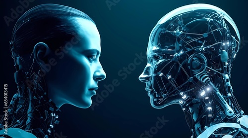 Half human talking to a robot in the future. AI futuristic machine and AI technology. Robots are the future.