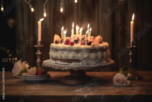 An image of a cake with lit candles on a vintage wooden table. Generative AI