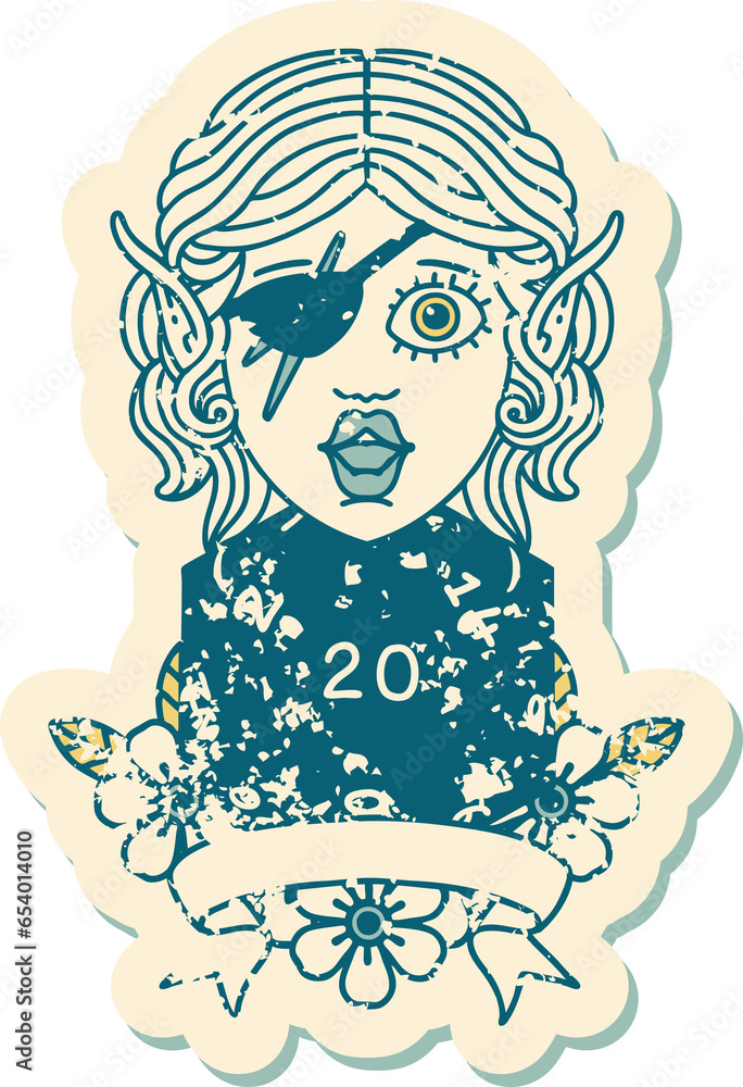 Retro Tattoo Style elf rogue character with natural twenty dice roll Retro Tattoo Style elf rogue character with natural twenty dice roll