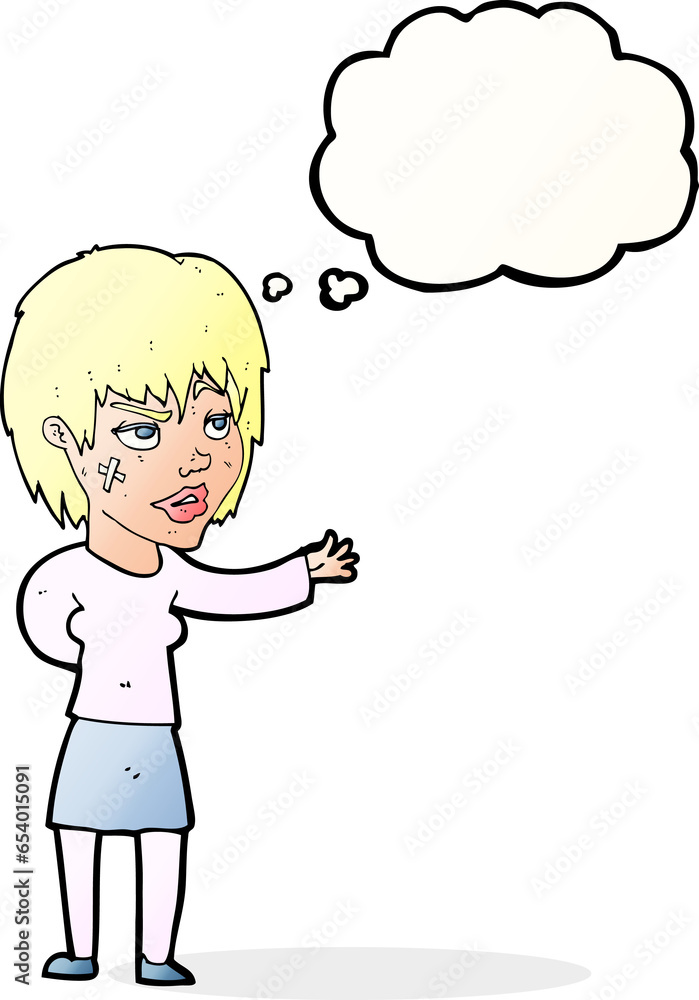cartoon woman with sticking plaster on face with thought bubble cartoon woman with sticking plaster on face with thought bubble