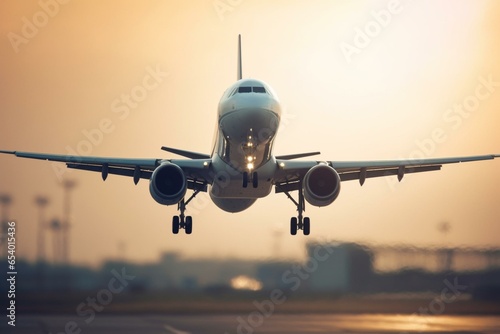 Close-up of airplane taking off with selective focus. Travel or transport business concept. Generative AI