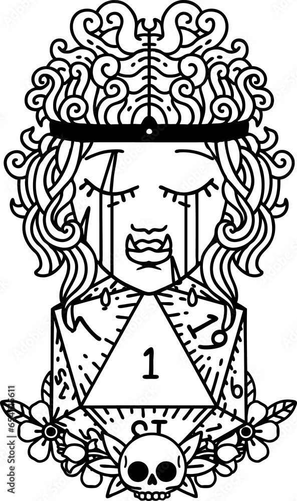 Black and White Tattoo linework Style sad orc barbarian character face with natural one d20 roll Black and White Tattoo linework Style sad orc barbarian character face with natural one d20 roll