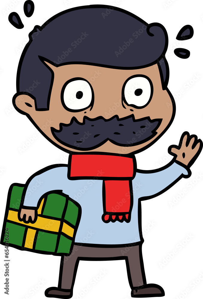 cartoon man with mustache and christmas present cartoon man with mustache and christmas present