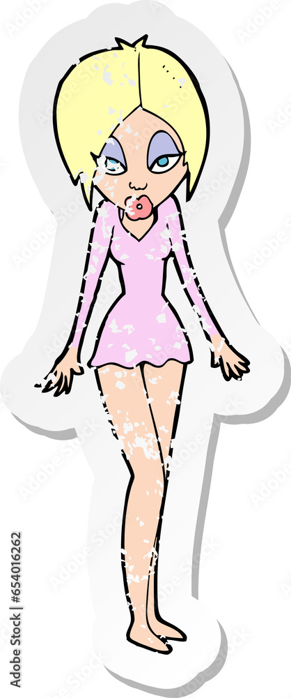 retro distressed sticker of a cartoon woman in short dress retro distressed sticker of a cartoon woman in short dress