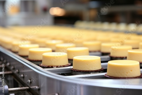 Cakes on moving conveyor in bakery production line. Generative AI