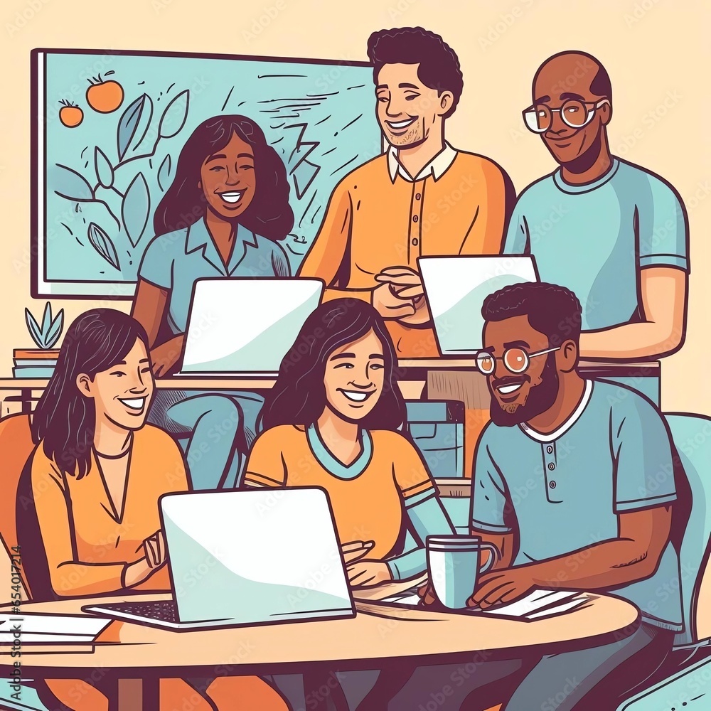 Illustrated diverse group of employees working together for a more inclusive environment. AI generated images on diversity and belonging. Work Illustration.