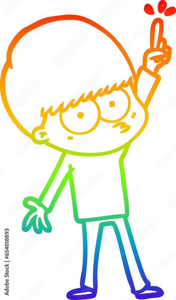 rainbow gradient line drawing of a nervous cartoon boy with idea rainbow gradient line drawing of a nervous cartoon boy with idea