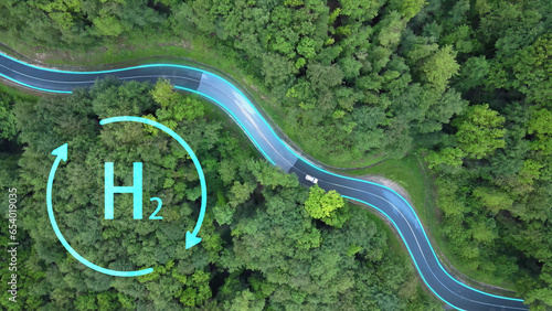 White car driving on H2 hydrogen power in eco environment. Graphic 2D animation photo