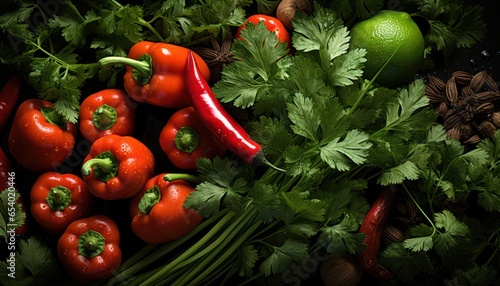 A green bunch of parsley and sweet and hot peppers. Fresh red and yellow pepper, green spices. Vegetables. 