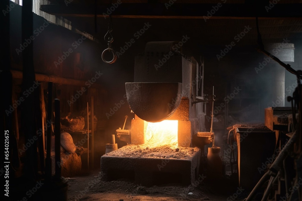 Hot metal furnace with a hammer placed on an anvil in the center of a forge. Generative AI