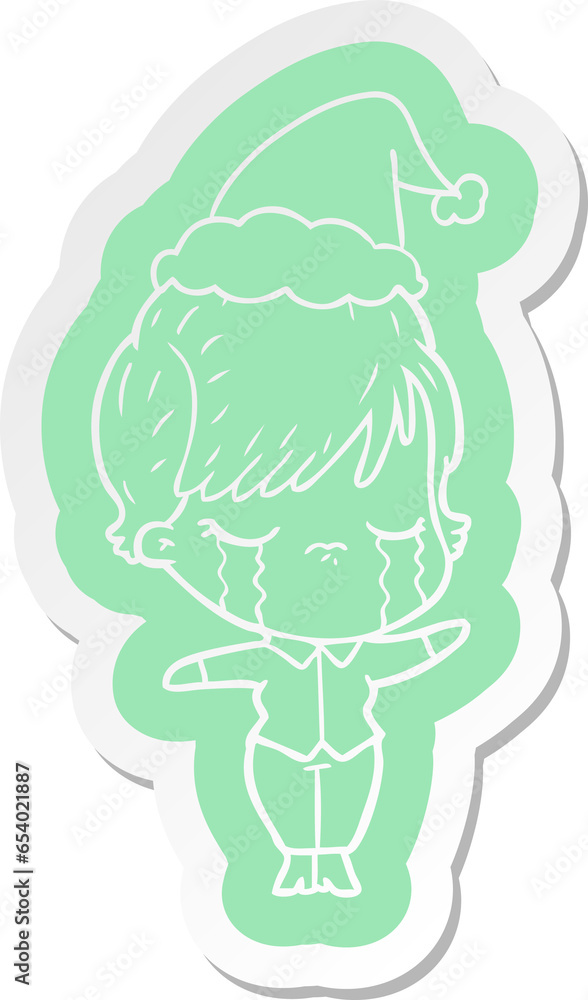 quirky cartoon sticker of a woman crying wearing santa hat quirky cartoon sticker of a woman crying wearing santa hat