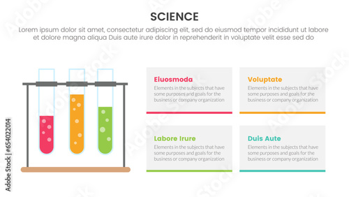 health and science research infographic 4 point stage template with glass test tube concept for slide presentation