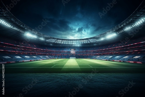 Football stadium with bright lights, green pitch, and intense atmosphere. Generative AI © George