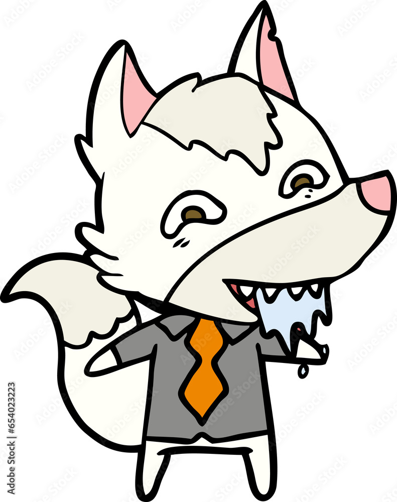 cartoon hungry wolf in office clothes