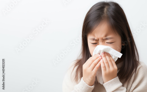Sick Asian girl blowing his nose with flu cough on isolated white with copy space background