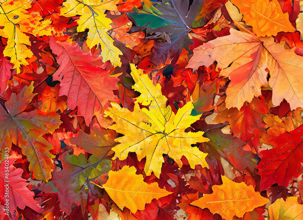 A colorful background of mainly oak and red maple autumn leaves