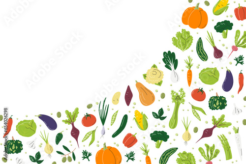 Rectangular banner with copy space for local markets. Farmer's agricultural products free form design concept. Composition of vegetables. Veggies hand drawn flat vector illustration isolated on white