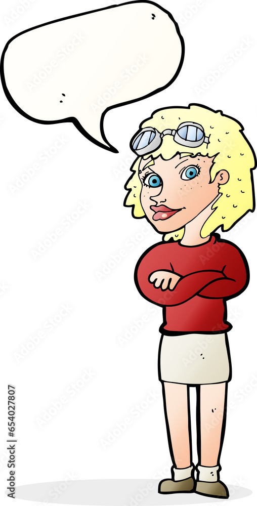 cartoon woman with crossed arms and safety goggles with speech bubble cartoon woman with crossed arms and safety goggles with speech bubble