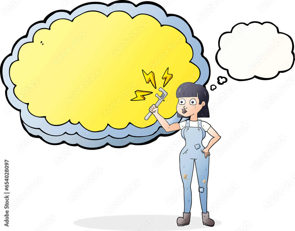 freehand drawn thought bubble cartoon female plumber