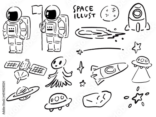 手描き風　宇宙に関するゆるいイラストセット	線画