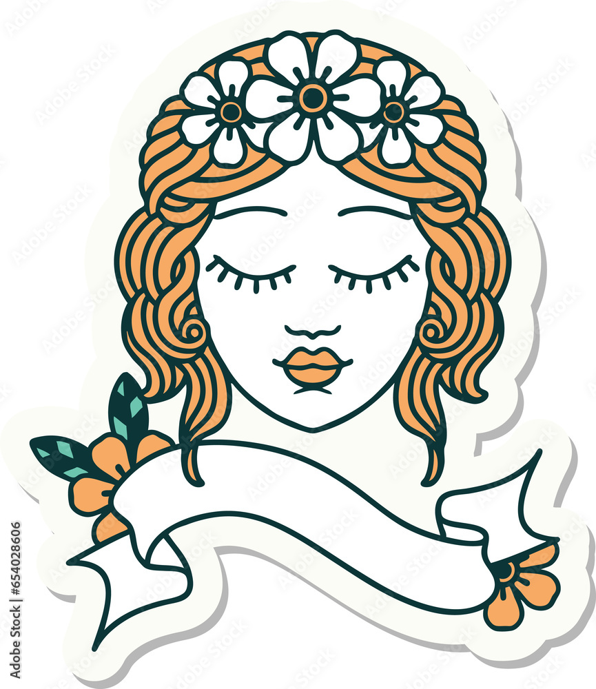 tattoo style sticker with banner of a maidens face tattoo style sticker with banner of a maidens face