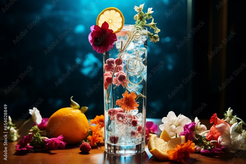 Delightful party drink adorned with flowers. Generative AI