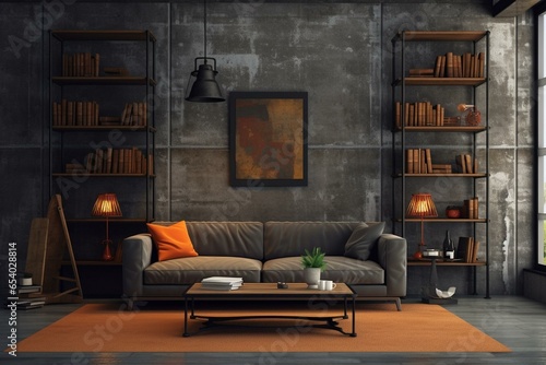 Modern interior design backdrop. Industrialized living area. Generative AI