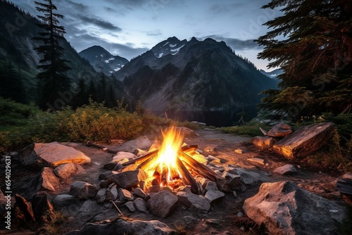 Warm campfire amidst beautiful mountain wilderness. Generative AI