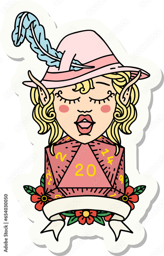 sticker of a elf bard with natural twenty dice roll sticker of a elf bard with natural twenty dice roll