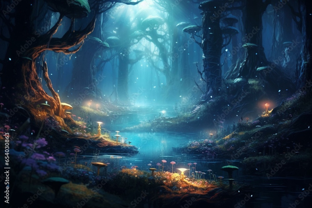 Captivating view of a magical foggy forest at midnight, surrounded by colorful fairies and mythical creatures. Generative AI